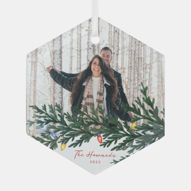 Christmas Lights and Greenery Photo Ornament Aus Glas (Vorderseite)