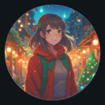 Christmas Lights Anime Girl Runder Aufkleber<br><div class="desc">Hübsches Anime-Mädchen an einem Wintertag Weihnachtskleber.</div>