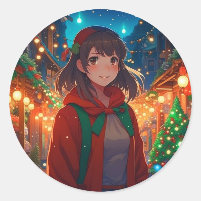 Christmas Lights Anime Girl Runder Aufkleber (Vorderseite)