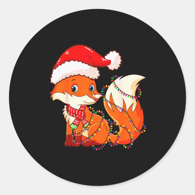 Christmas Lights Fox Wearing Xmas Hat - Cute Funny Runder Aufkleber (Vorderseite)