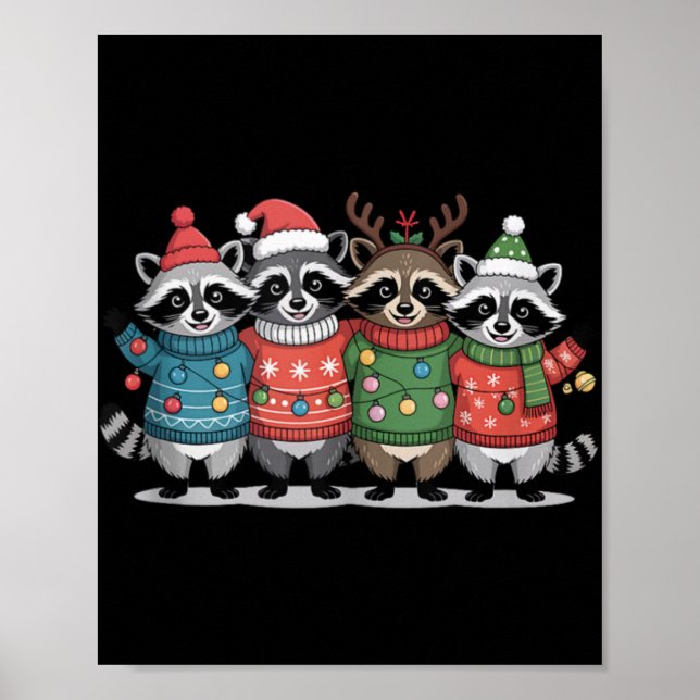 Christmas Lights Raccoon Santa Funny Xmas Tree For Poster (Vorne)