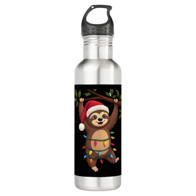 Christmas Lights Sloth Wearing Xmas Hat - Sloth Lo Edelstahlflasche (Vorderseite)