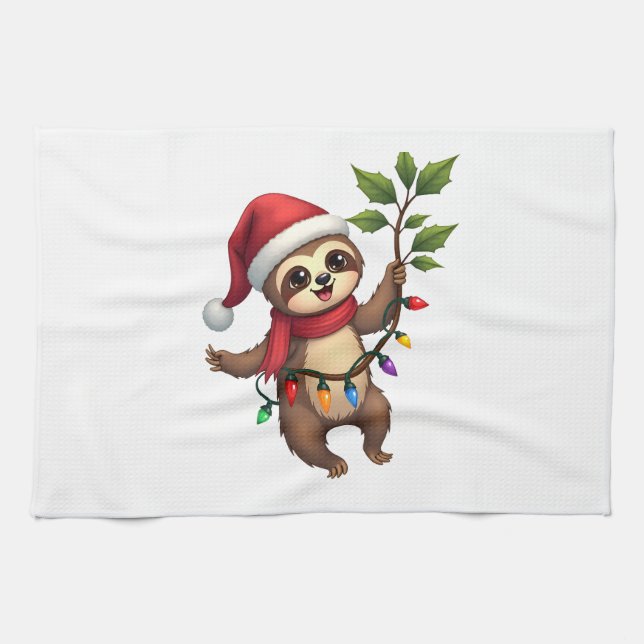 Christmas Lights Sloth Wearing Xmas Hat - Sloth Lo Geschirrtuch (Horizontal)