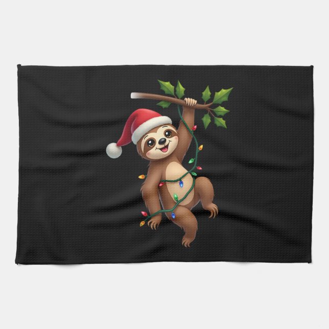 Christmas Lights Sloth Wearing Xmas Hat - Sloth Lo Geschirrtuch (Horizontal)