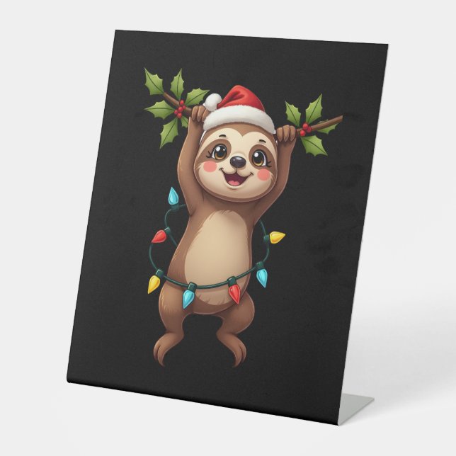 Christmas Lights Sloth Wearing Xmas Hat - Sloth Lo Sockelschild (Vorderseite)