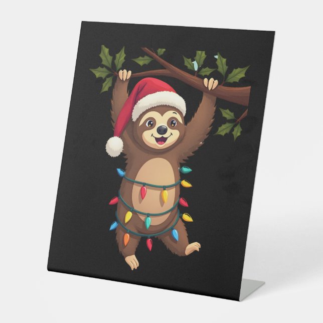 Christmas Lights Sloth Wearing Xmas Hat - Sloth Lo Sockelschild (Vorderseite)