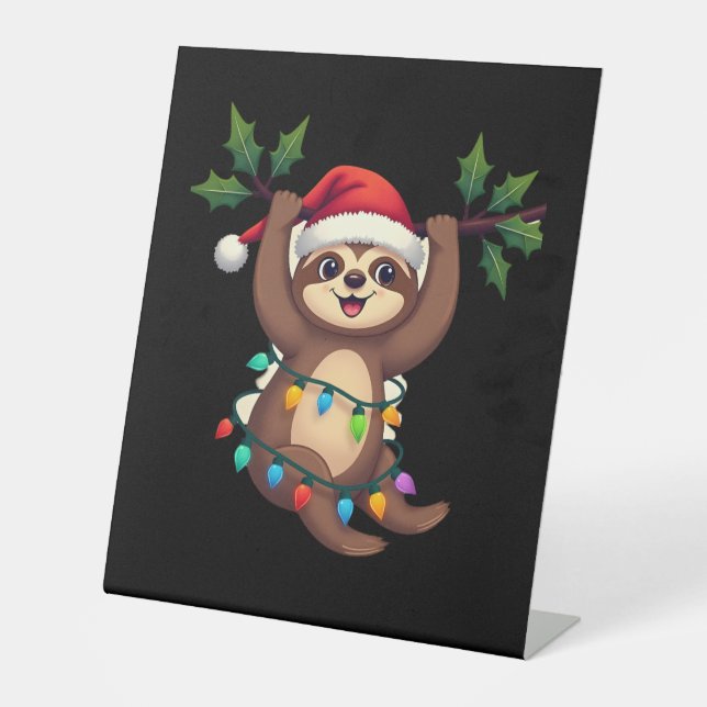 Christmas Lights Sloth Wearing Xmas Hat - Sloth Lo Sockelschild (Vorderseite)
