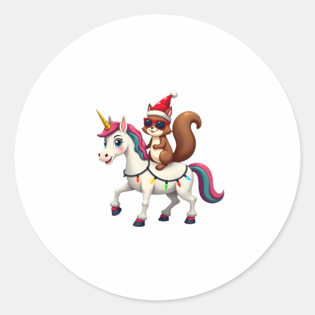 Christmas Lights Squirrel Riding Unicorn T-Shirt ( Runder Aufkleber (Vorderseite)