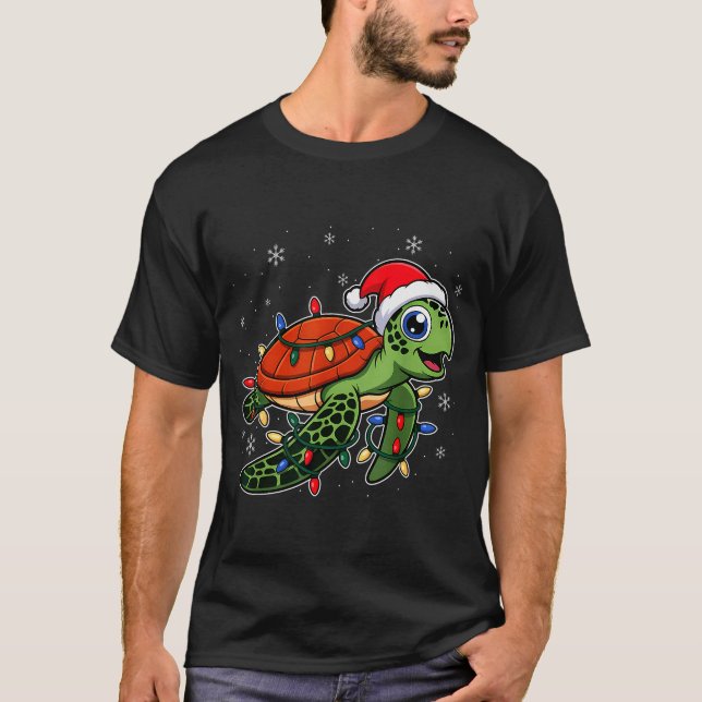 Christmas Lights Turtle Wearing Xmas Hat - Lover  T-Shirt (Vorderseite)