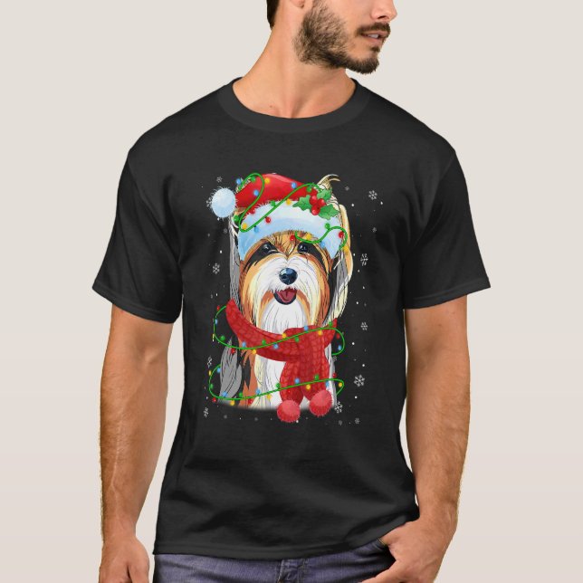 Christmas Lights Yorkshire Terrier Dog Weihnachtsm T-Shirt (Vorderseite)