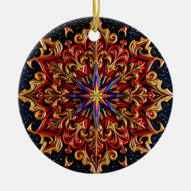 CHRISTMAS Lila-Gelb-Rot-Grün-3D-Star ~ Keramik Ornament (Vorne)