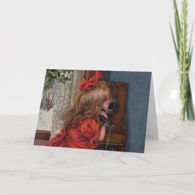Christmas Little Girl Telefone Antique Feiertagskarte (Vorderseite)