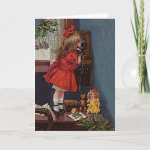 Christmas Little Girl Telefone Antique Feiertagskarte
