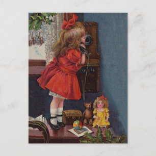 Christmas Little Girl Telefone Antique Feiertagspostkarte
