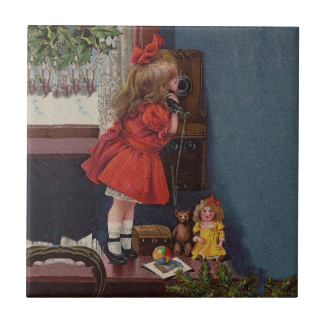 Christmas Little Girl Telefone Antique Fliese (Vorderseite)