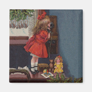 Christmas Little Girl Telefone Antique Magnet