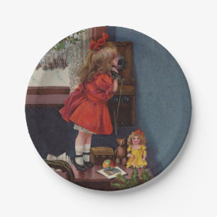 Christmas Little Girl Telefone Antique Pappteller
