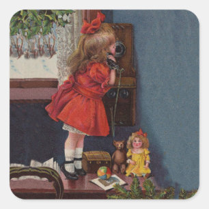 Christmas Little Girl Telefone Antique Quadratischer Aufkleber