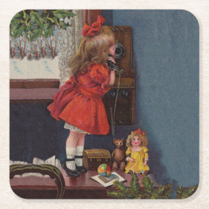 Christmas Little Girl Telefone Antique Rechteckiger Pappuntersetzer