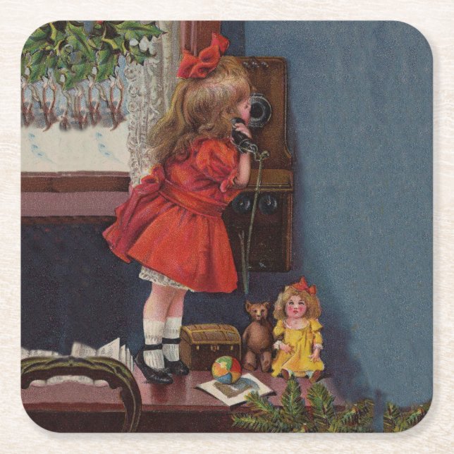 Christmas Little Girl Telefone Antique Rechteckiger Pappuntersetzer (Vorderseite)