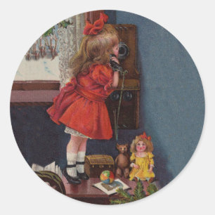 Christmas Little Girl Telefone Antique Runder Aufkleber