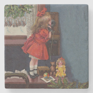 Christmas Little Girl Telefone Antique Steinuntersetzer