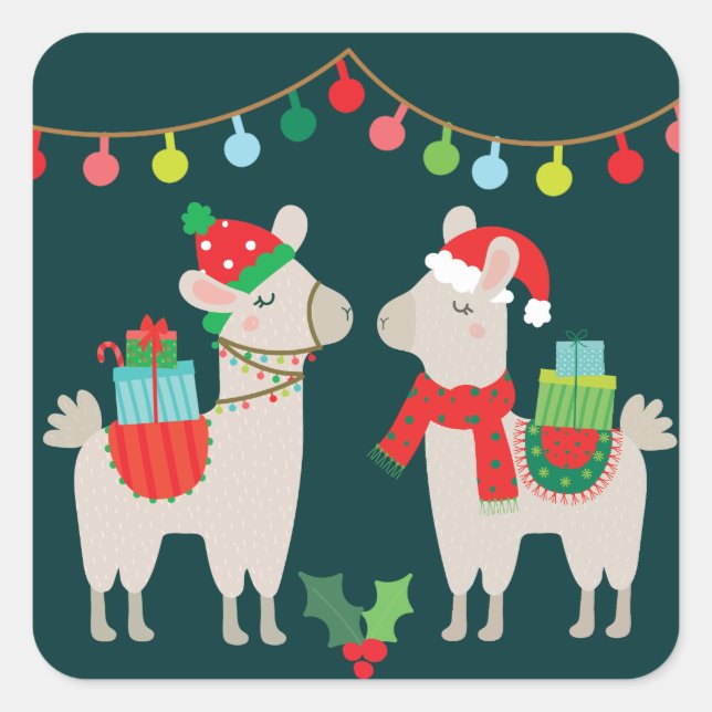 Christmas Llamas Quadratischer Aufkleber (Vorderseite)