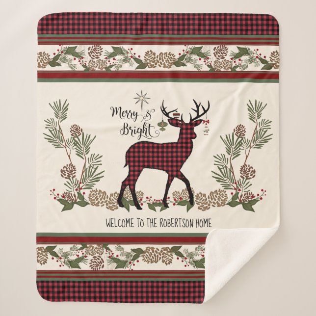 Christmas Lodge Merry Bright Deer Buffalo Plaid Sherpadecke (Vorderseite)