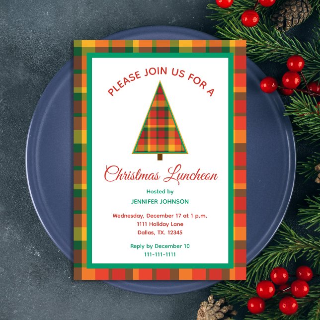 Christmas Luncheon Colorful Plaid Christmas Tree Einladung (Von Creator hochgeladen)