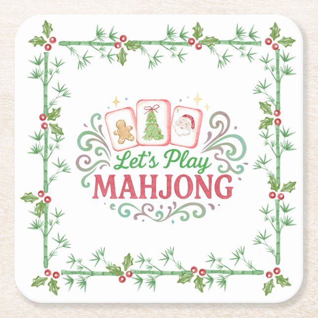 Christmas Mahjong Crest | Monogram Rechteckiger Pappuntersetzer (Vorderseite)