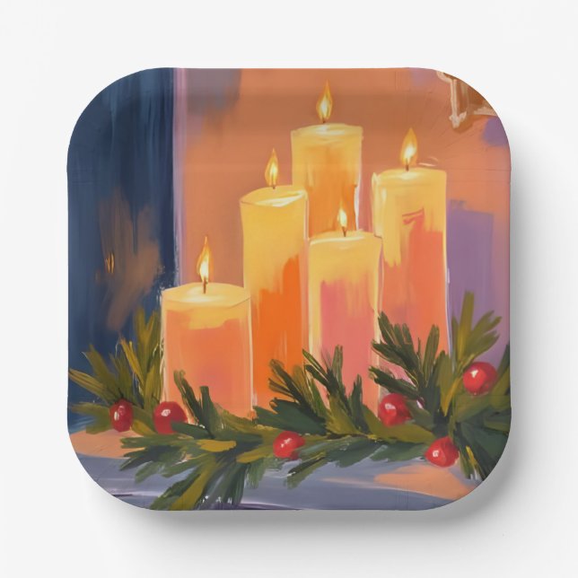 Christmas Mantle Candles Garland Painted Holiday Pappteller (Vorderseite)