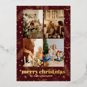 Christmas Maroon Foil Pine und Star Print Folieneinladung