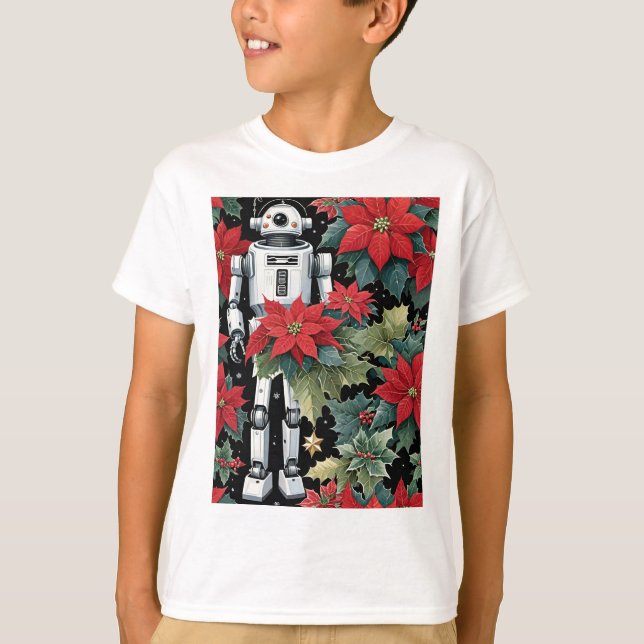 Christmas Mech Robot With Poinsettias T-Shirt (Vorderseite)