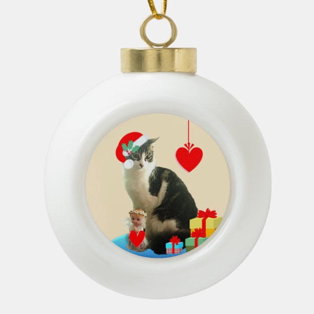 Christmas Merlin Cat Keramik Kugel-Ornament (Vorderseite)