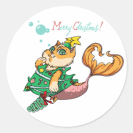 Christmas Mermaid Cat Runder Aufkleber