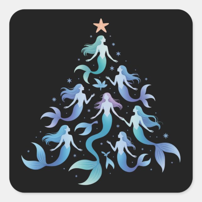 Christmas Mermaid Tree Girls Summer Holiday Xmas Quadratischer Aufkleber (Vorderseite)