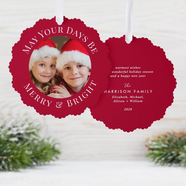 Christmas Merry Bright Foto Red Holiday Ornament Karte (Share the love and warmth of the holiday season with a photo paper ornament card)
