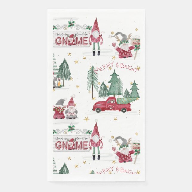 Christmas Merry Bright Red Gnomes Forest Gold Star Serviette (Vorderseite)
