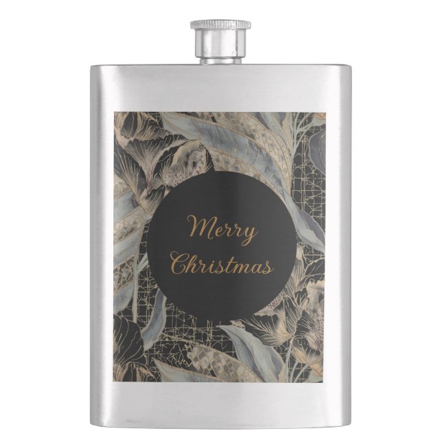 Christmas, Merry Christmas,Gold Blue Flowers Art  Flachmann (Vorderseite)