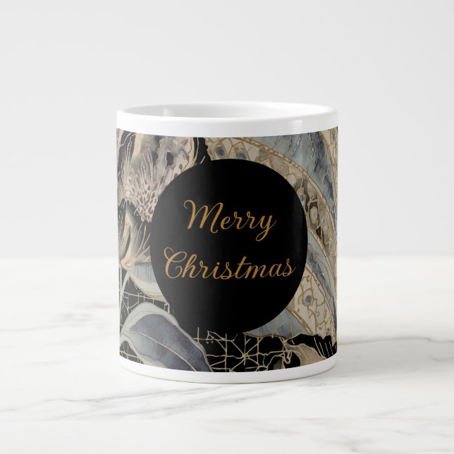 Christmas,Merry Christmas,Gold Blue Flowers Leaves Jumbo-Tasse (Vorderseite)