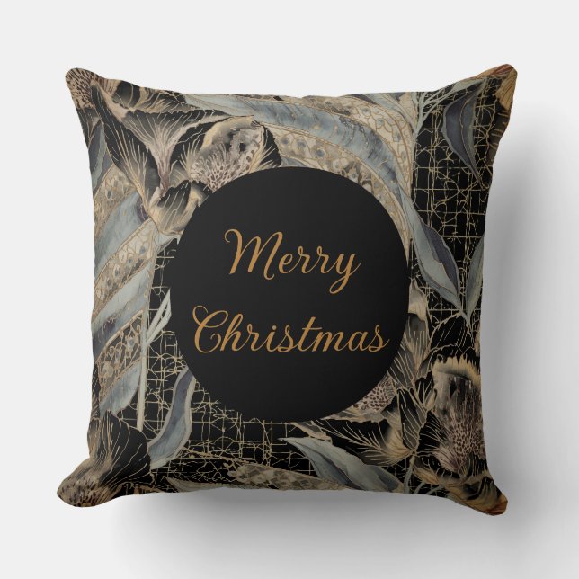 Christmas,Merry Christmas,Gold Blue Flowers Leaves Kissen (Vorderseite)
