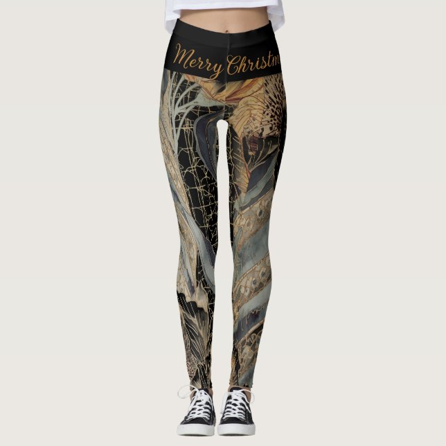 Christmas,Merry Christmas,Gold Blue Flowers Leaves Leggings (Vorderseite)