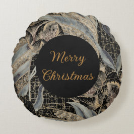 Christmas,Merry Christmas,Gold Blue Flowers Leaves Rundes Kissen