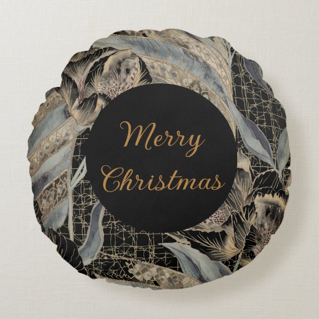 Christmas,Merry Christmas,Gold Blue Flowers Leaves Rundes Kissen (Vorderseite)
