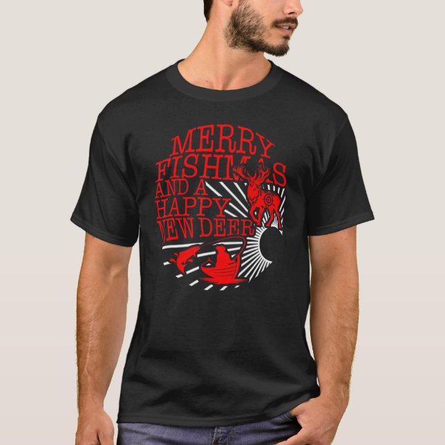 Christmas Merry Fishmas Happy New Deer Fisherman H T-Shirt (Vorderseite)