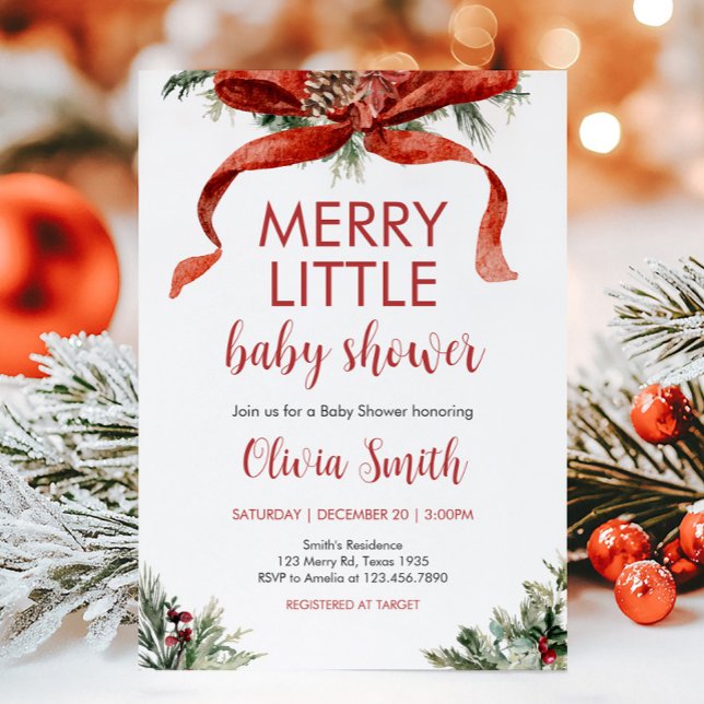 Christmas Merry Little Baby Dusche Einladung (Red Bow Merry Little Christmas Baby Shower Invitation)