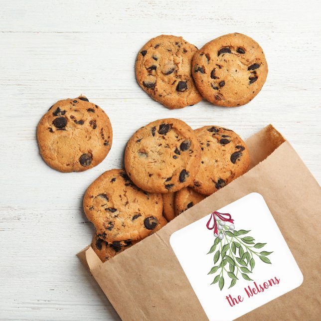 Christmas Merry Mistletoe Holiday Grüne Blätter Quadratischer Aufkleber (Christmas holiday merry mistletoe simple square sticker.)