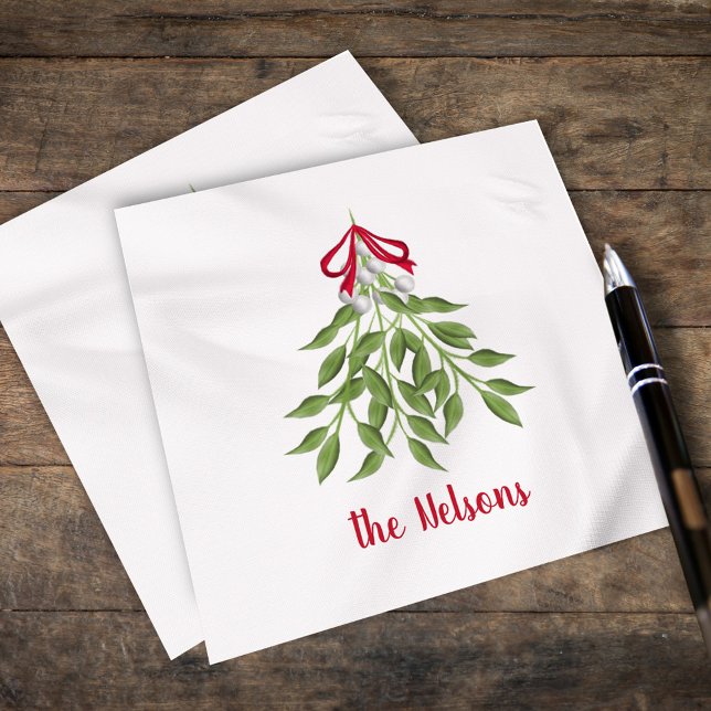 Christmas Merry Mistletoe Holiday Whimsical Niedli Serviette (Christmas merry mistletoe watercolor simple customized calligraphy napkin. )