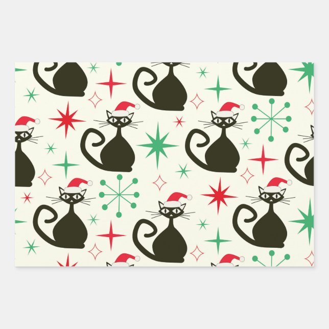 Christmas Mid Century Retro Atomic Cats  Geschenkpapier Set (Vorderseite)
