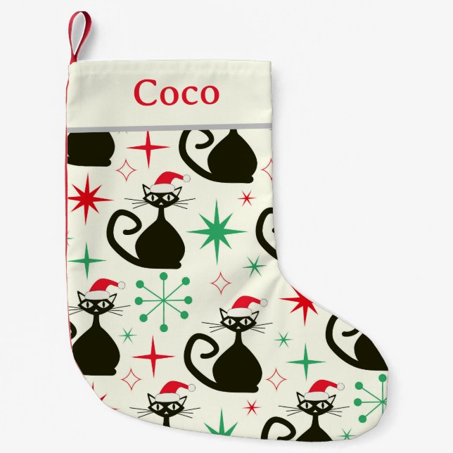 Christmas Mid Century Retro Atomic Cats Name  Kleiner Weihnachtsstrumpf (Vorderseite)